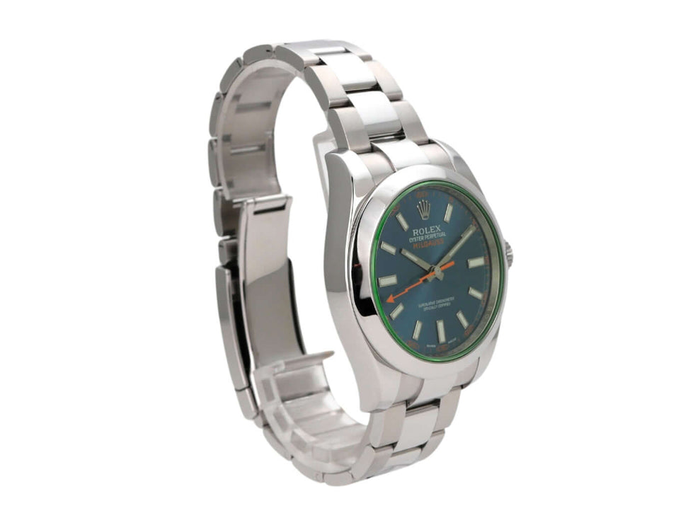 Rolex Oyster Perpetual Milgauss 116400GV in Edelstahl mit blauem Zifferblatt und orangefarbenem Sekundenzeiger.