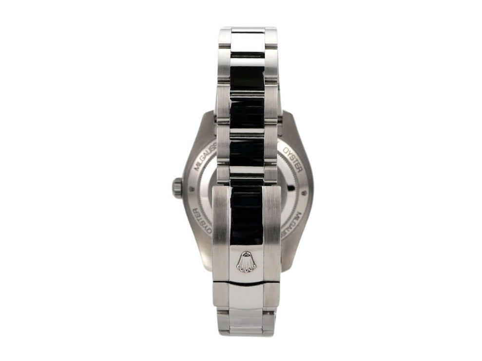 Ansicht der Rückseite und des Armbands der Rolex Oyster Perpetual Milgauss 116400GV in Edelstahl.