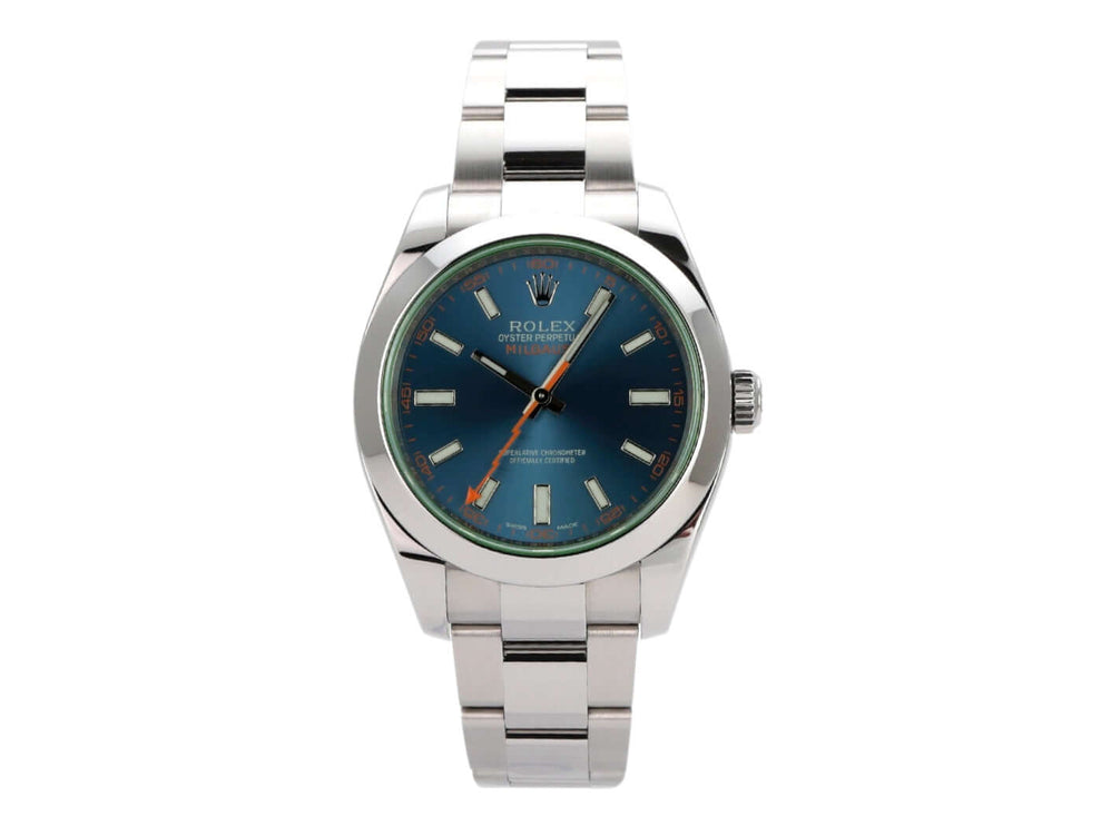 Rolex Oyster Perpetual Milgauss 116400GV mit blauem Zifferblatt und Edelstahlarmband, Ref. 2015.