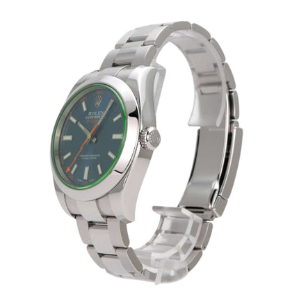 Rolex Oyster Perpetual Milgauss 116400GV mit grünem Zifferblatt und Edelstahlarmband, elegante Uhr für Sammler.