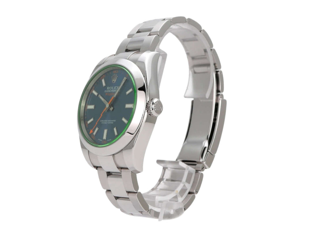Rolex Oyster Perpetual Milgauss 116400GV mit grünem Zifferblatt und Edelstahlarmband, elegante Uhr für Sammler.
