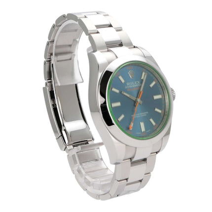 Rolex Oyster Perpetual Milgauss 116400GV Blue mit grünem Saphirglas und blauem Zifferblatt, Edelstahlarmband.