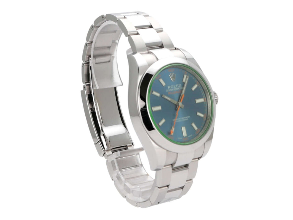 Rolex Oyster Perpetual Milgauss 116400GV Blue mit grünem Saphirglas und blauem Zifferblatt, Edelstahlarmband.