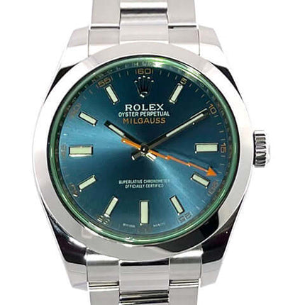 Rolex Oyster Perpetual Milgauss 116400GV mit blauem Zifferblatt und poliertem Edelstahlgehäuse, Jahr 2016.
