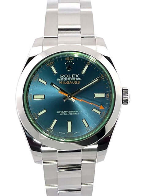 Rolex Oyster Perpetual Milgauss 116400GV mit blauem Zifferblatt und poliertem Edelstahlgehäuse, Jahr 2016.
