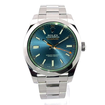Rolex Oyster Perpetual Milgauss 116400GV, blaues Zifferblatt, Edelstahluhr mit poliertem Gehäuse, orangefarbene Sekunde in Blitz Optik