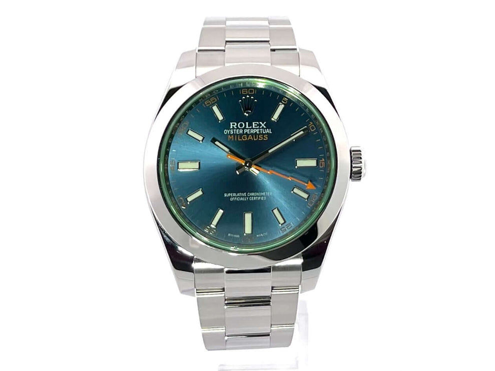 Rolex Oyster Perpetual Milgauss 116400GV, blaues Zifferblatt, Edelstahluhr mit poliertem Gehäuse, orangefarbene Sekunde in Blitz Optik