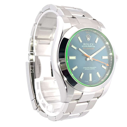 Rolex Oyster Perpetual Milgauss 116400GV Edelstahlgehäuse, blaues Zifferblatt, poliertes Armband, orangefarbene Sekunde, 40mm