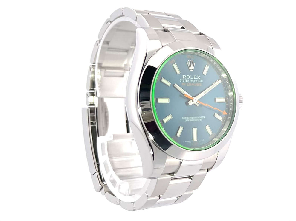 Rolex Oyster Perpetual Milgauss 116400GV Edelstahlgehäuse, blaues Zifferblatt, poliertes Armband, orangefarbene Sekunde, 40mm