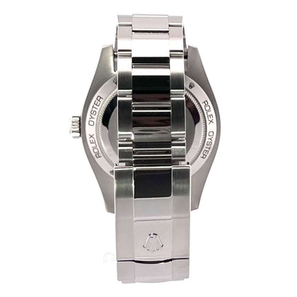 Rückansicht der Rolex Oyster Perpetual Milgauss 116400GV mit poliertem Edelstahlgehäuse und Oyster-Armband mit Sicherheitsfaltschließe