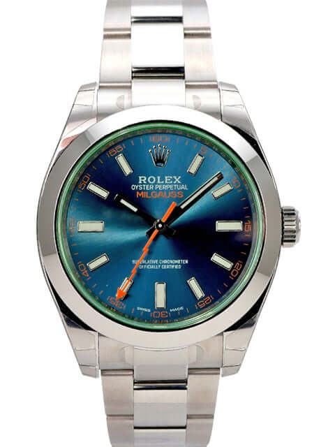 Rolex Oyster Perpetual Milgauss 116400GV Blue mit blauem Zifferblatt und orangefarbener Sekunde auf Edelstahlarmband.