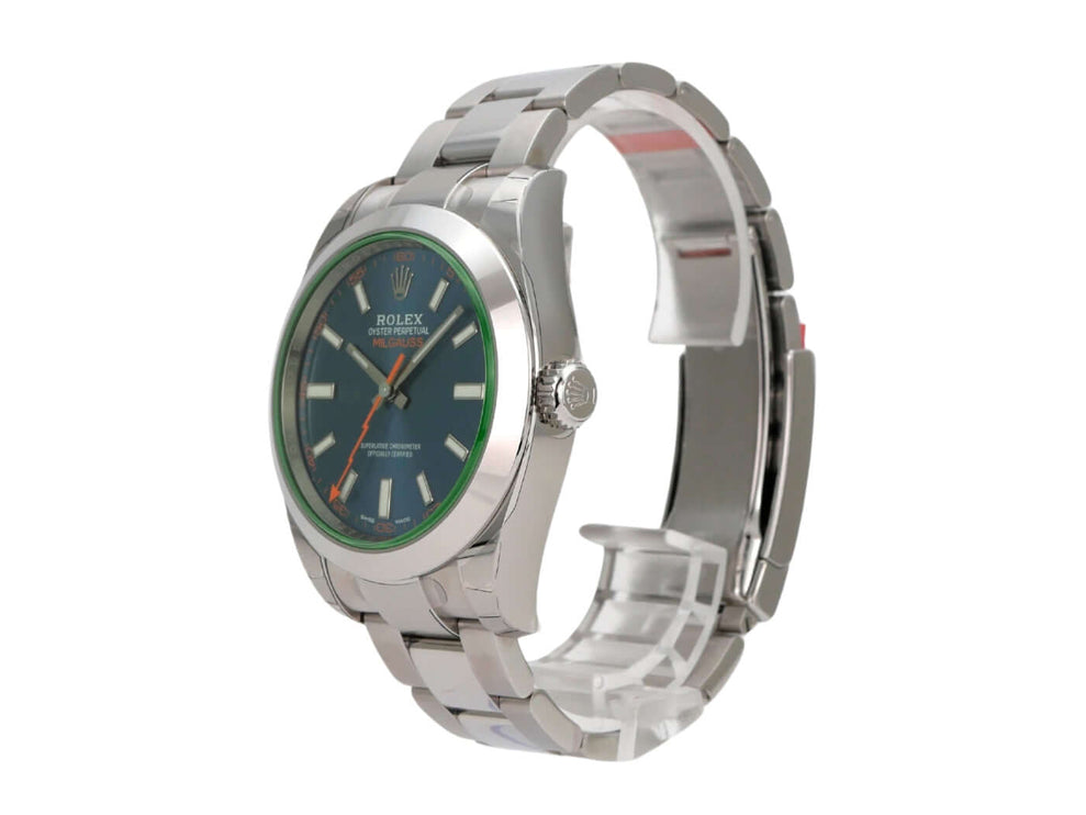 Rolex Oyster Perpetual Milgauss 116400GV Blue auf einem polierten Edelstahlarmband mit blauem Zifferblatt.