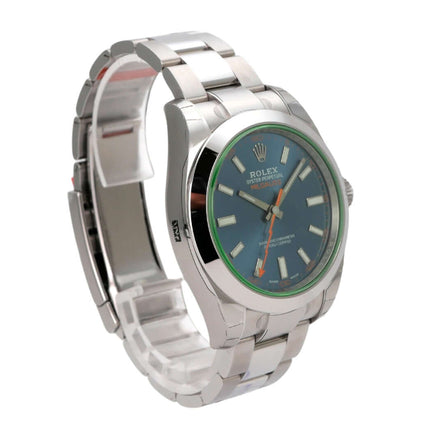Rolex Oyster Perpetual Milgauss 116400GV Blue Uhr mit grünem Saphirglas und Edelstahlarmband.