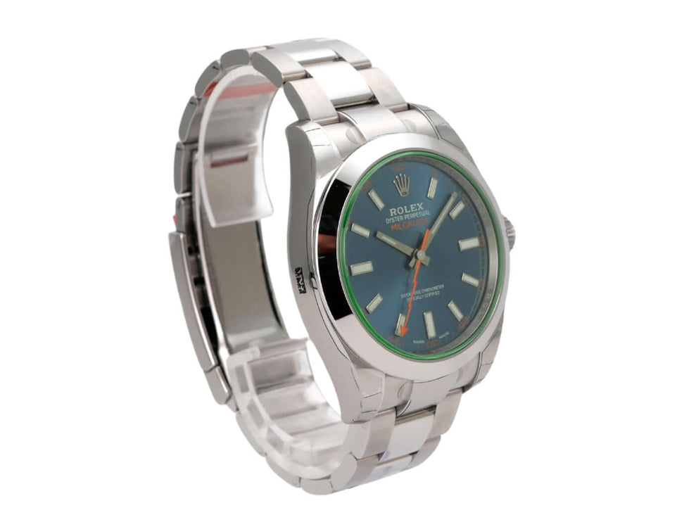 Rolex Oyster Perpetual Milgauss 116400GV Blue Uhr mit grünem Saphirglas und Edelstahlarmband.