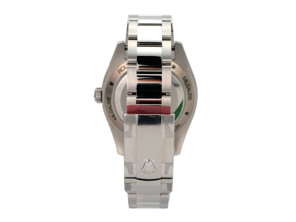 Rolex Oyster Perpetual Milgauss 116400GV Blue Rückansicht mit Armband und Schließe