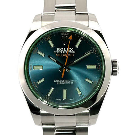 Rolex Oyster Perpetual Milgauss 116400GV aus Edelstahl mit blauem Zifferblatt und orangefarbenem Sekundenzeiger, von 2019.