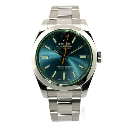 Rolex Oyster Perpetual Milgauss 116400GV Blau mit poliertem Edelstahlgehäuse und -armband, blaues Zifferblatt, orangefarbene Blitz-Sekunde.