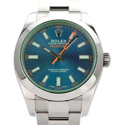 Rolex Oyster Perpetual Milgauss 116400GV Blau mit poliertem Edelstahlarmband und orangefarbener Sekunde.