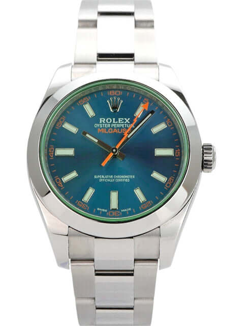Rolex Oyster Perpetual Milgauss 116400GV Blau mit poliertem Edelstahlarmband und orangefarbener Sekunde.