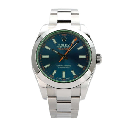 Rolex Oyster Perpetual Milgauss 116400GV mit blauem Zifferblatt, Edelstahlgehäuse, und beeindruckenden Leuchtindizes.