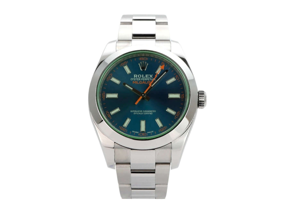 Rolex Oyster Perpetual Milgauss 116400GV mit blauem Zifferblatt, Edelstahlgehäuse, und beeindruckenden Leuchtindizes.
