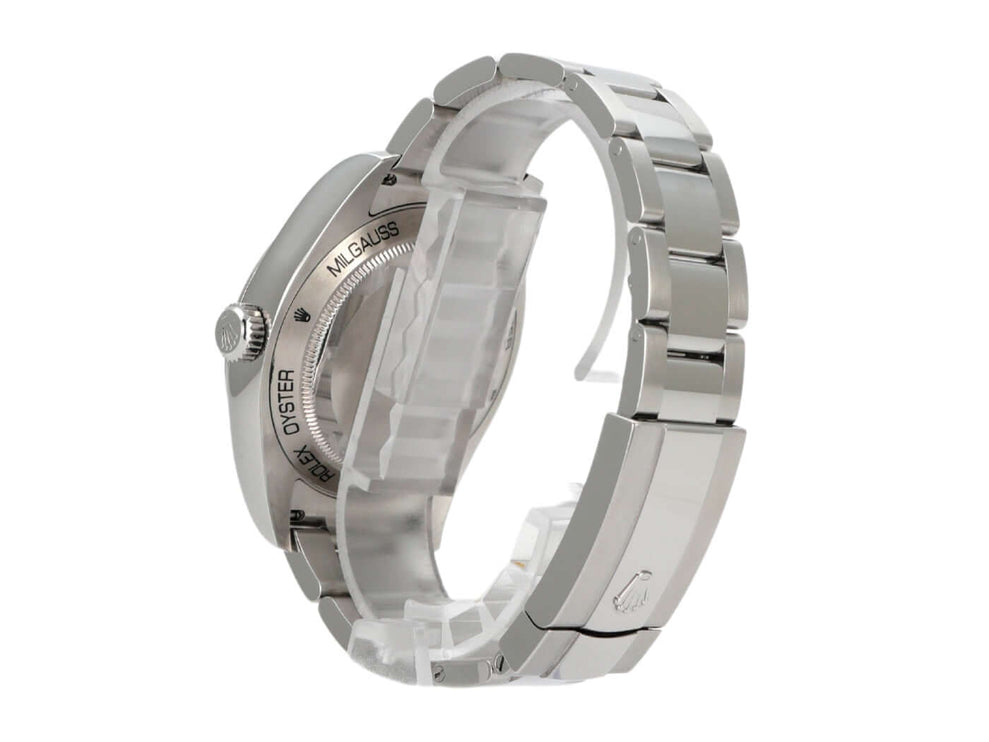 Rolex Oyster Perpetual Milgauss 116400GV Blue mit poliertem Edelstahlarmband und automatischem Uhrwerk.