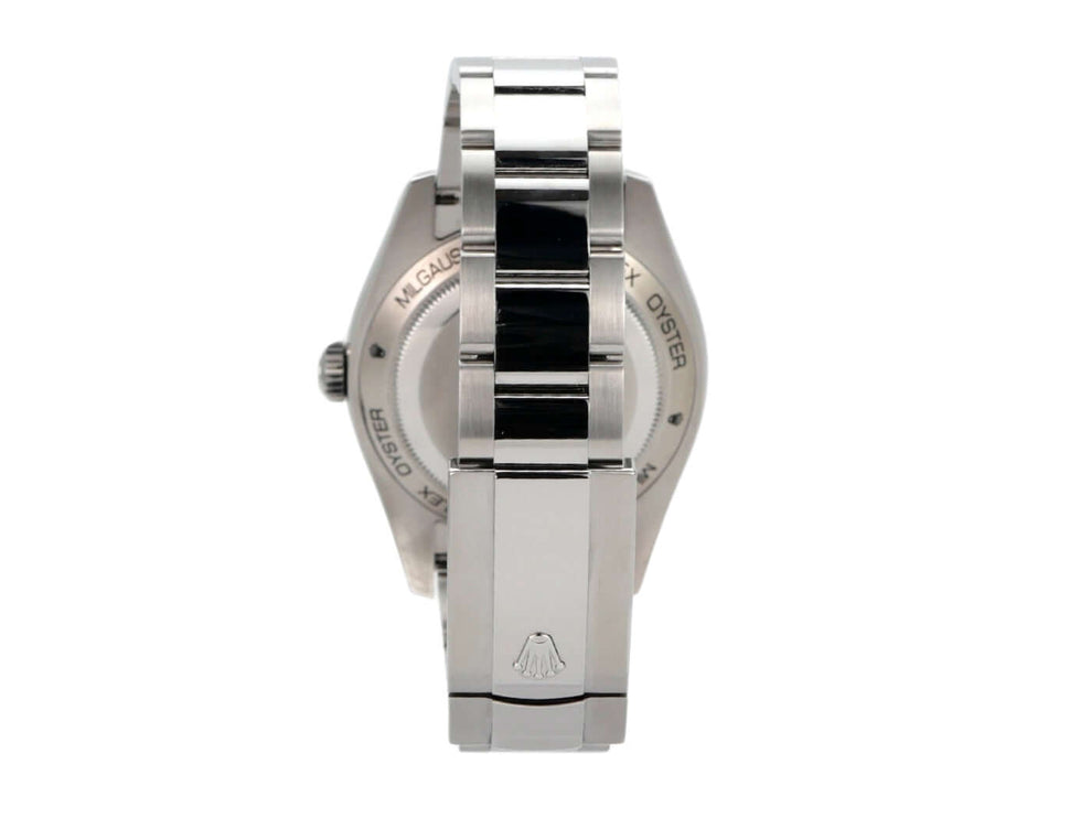 Rolex Oyster Perpetual Milgauss 116400GV Blue Edelstahl Gehäuse und Armband aus poliertem Edelstahl von hinten.
