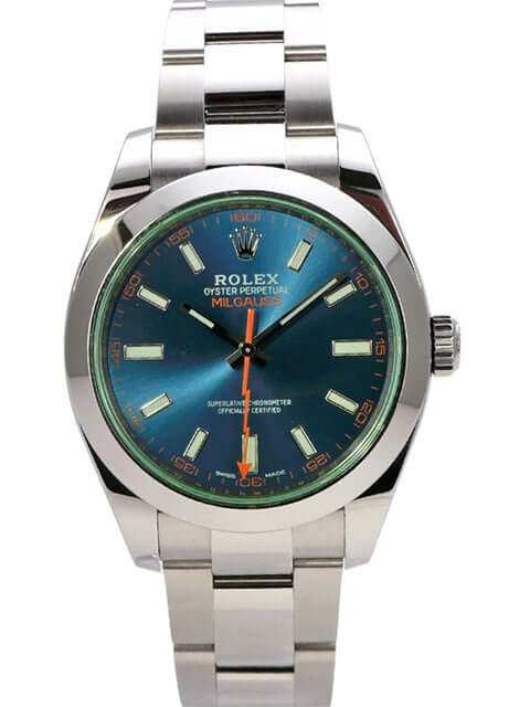 Rolex Oyster Perpetual Milgauss 116400GV Blau mit Edelstahlgehäuse und orangefarbener Sekunde, Automatikwerk, 2020.