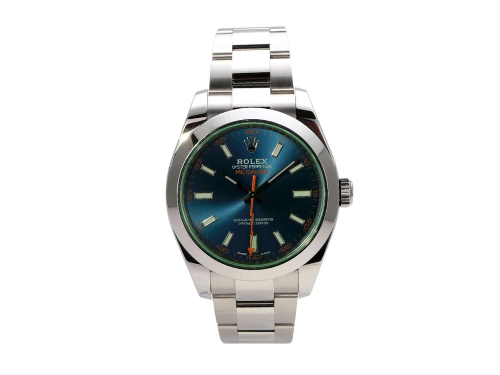 Rolex Oyster Perpetual Milgauss 116400GV in Edelstahl mit blauem Zifferblatt und orangefarbener Sekunde.