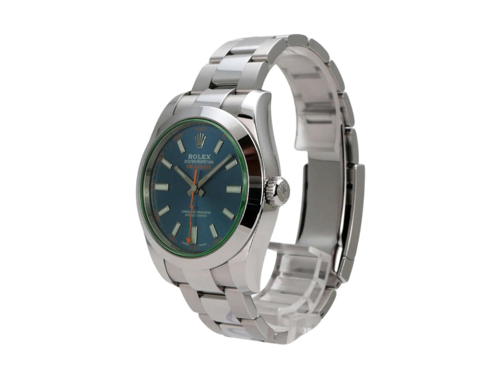 Rolex Oyster Perpetual Milgauss 116400GV in Edelstahl mit blauem Zifferblatt und orangefarbener Sekunde
