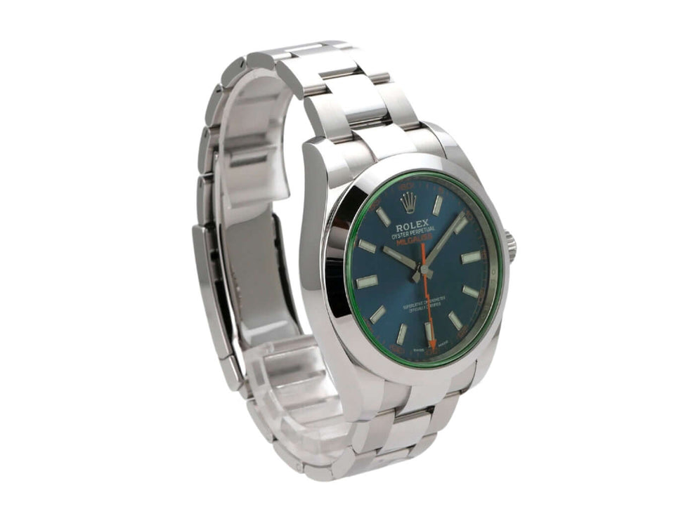 Rolex Oyster Perpetual Milgauss 116400GV Blau mit Edelstahlarmband und grüner Lünette, Automatikwerk.
