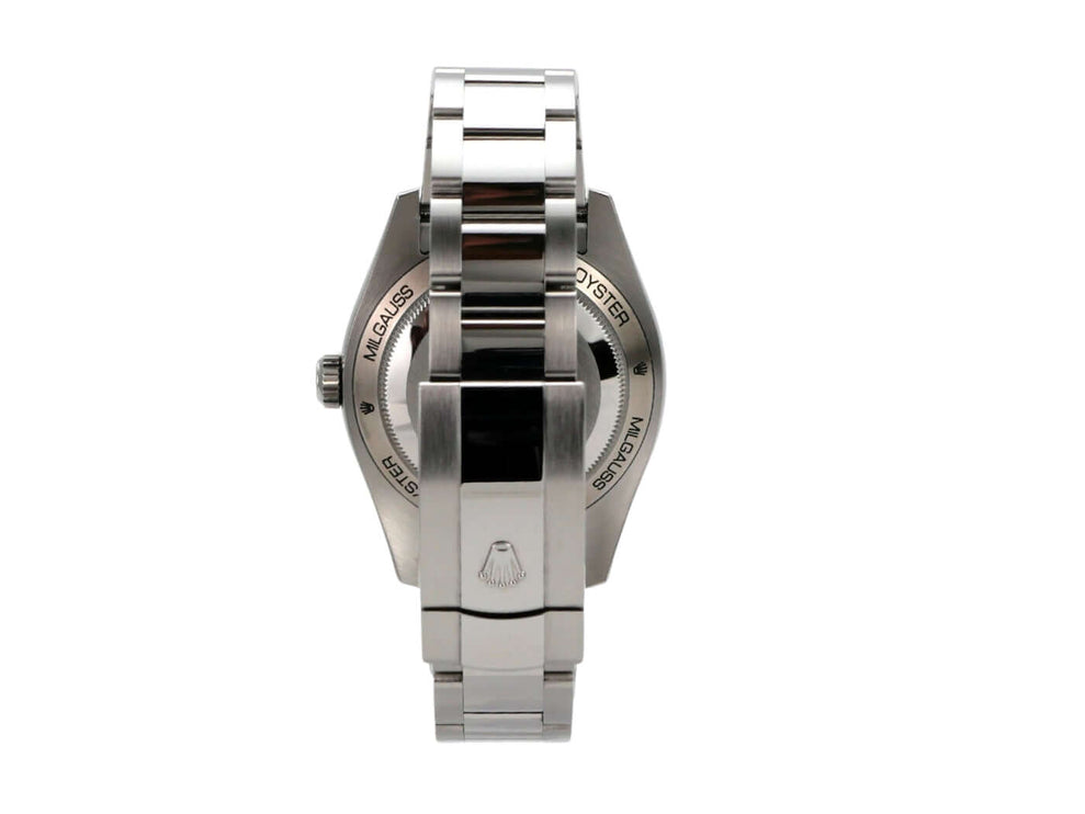 Rolex Oyster Perpetual Milgauss 116400GV Blue, Edelstahl-Gehäuse und -Armband von hinten, 2020.
