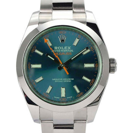 Rolex Oyster Perpetual Milgauss 116400GV mit blauem Zifferblatt, poliertem Edelstahlgehäuse und -armband, orangefarbene Blitzsekunde.