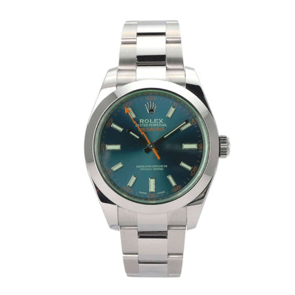 Rolex Oyster Perpetual Milgauss 116400GV Blau mit Edelstahlgehäuse, blaues Zifferblatt und orangefarbener Blitz-Sekundenzeiger.