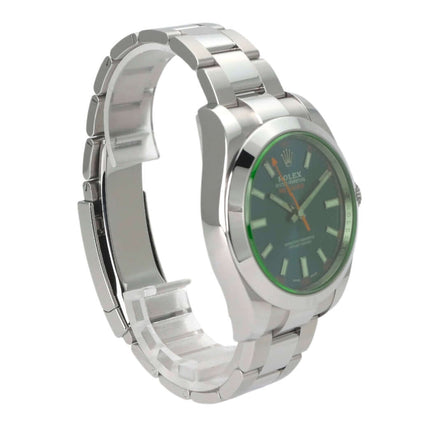 Rolex Oyster Perpetual Milgauss 116400GV mit poliertem Edelstahlgehäuse und blauem Zifferblatt, Seitenansicht.