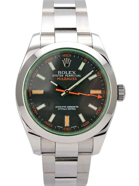 Rolex Oyster Perpetual Milgauss 116400GV auf Edelstahlband mit schwarzem Zifferblatt und orangefarbenen Akzenten.