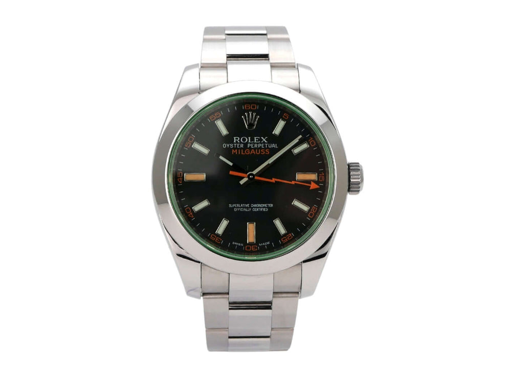 Rolex Oyster Perpetual Milgauss 116400GV mit schwarzem Zifferblatt und orangefarbenen Indexen.