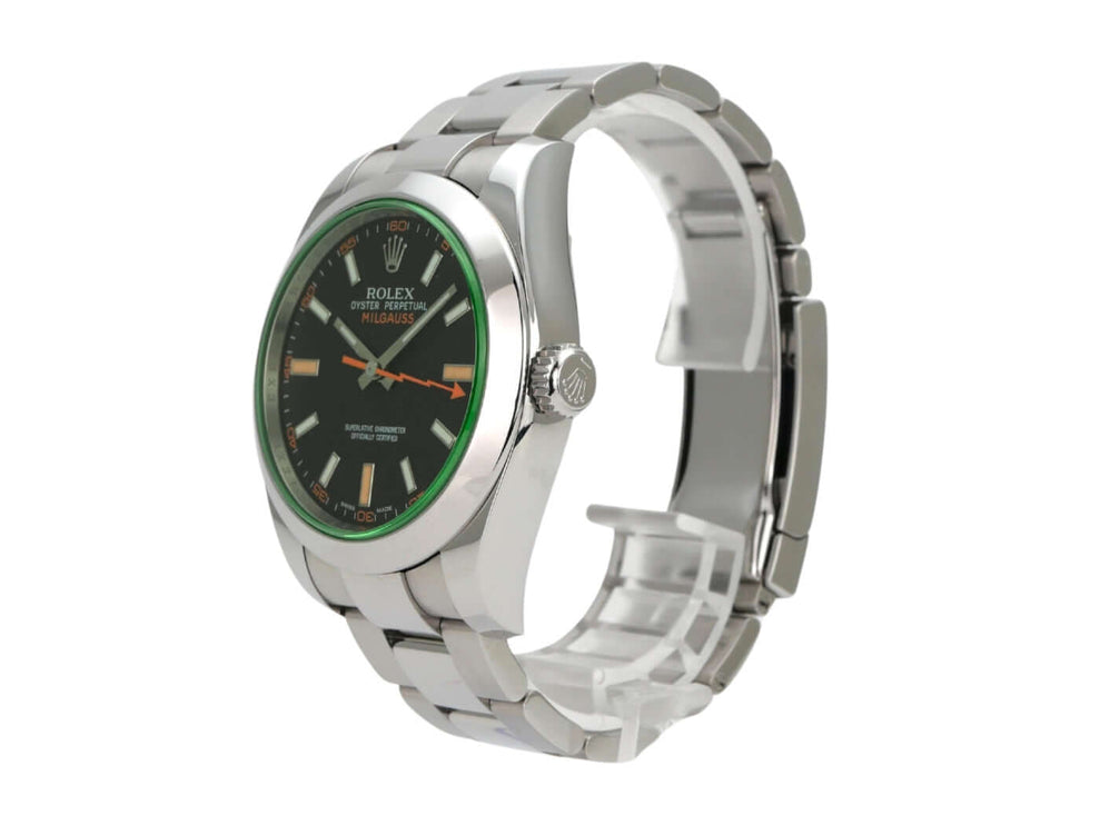 Rolex Oyster Perpetual Milgauss 116400GV in Edelstahl mit grünem Zifferblatt und orangenen Indexen.