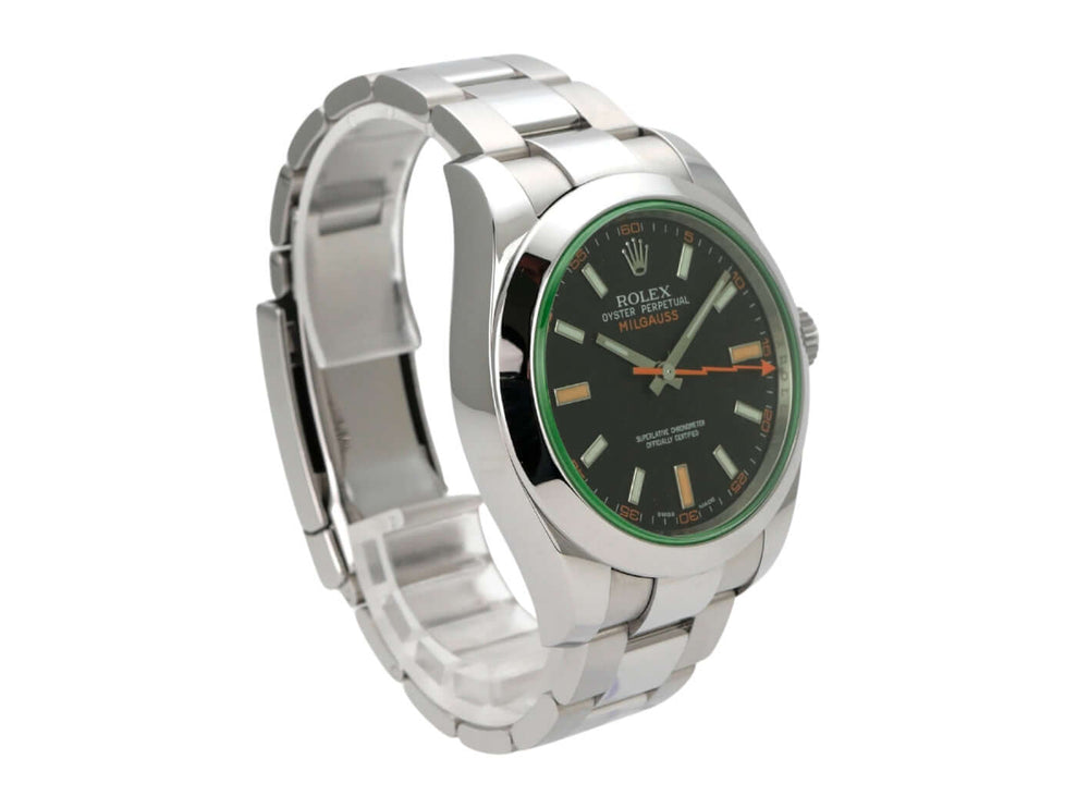 Rolex Oyster Perpetual Milgauss 116400GV mit grünem Glas und schwarzem Zifferblatt.