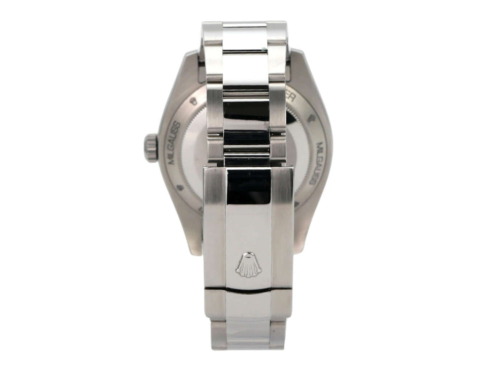Rolex Oyster Perpetual Milgauss 116400GV Rückansicht mit Oyster-Edelstahlband und Sicherheitsfaltschließe.