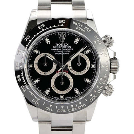 Rolex Daytona Edelstahl 116500LN mit schwarzem Zifferblatt und Keramiklünette, poliertem Armband und Chronographenfunktion.