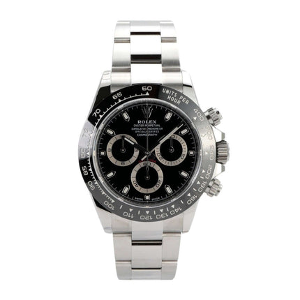Rolex Daytona 116500LN Edelstahl mit schwarzem Zifferblatt und Keramiklünette, elegantes Chronographen-Design.