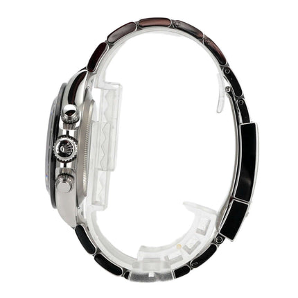 Rolex Daytona Edelstahl 116500LN Schwarz seitliche Ansicht mit Oyster-Armband und Keramiklünette.