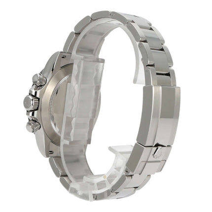 Rolex Daytona Edelstahl 116500LN in Seitenansicht, poliertes und satiniertes Armband mit Sicherheitsfaltschließe.