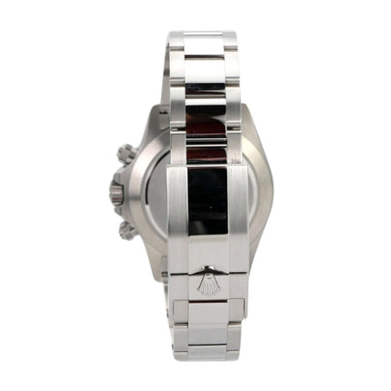 Rolex Daytona Edelstahl 116500LN, seitliche Ansicht mit poliertem und satiniertem Armband, 2018 Modell.