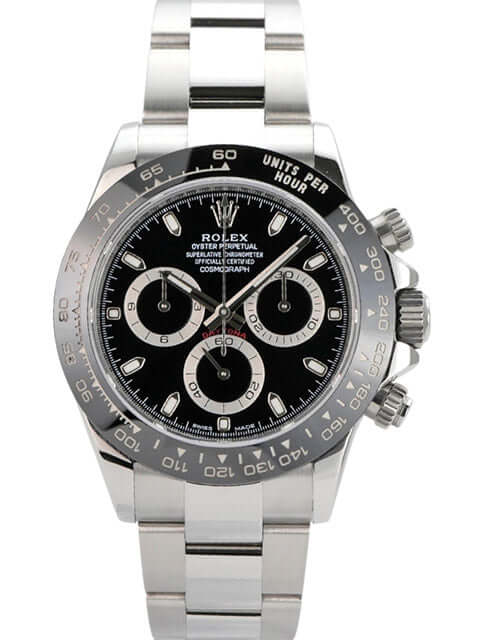 Rolex Daytona Edelstahl 116500LN mit schwarzem Zifferblatt und Keramik Lünette, Chronograph-Funktion.