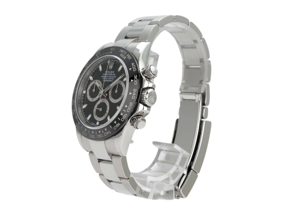 Rolex Daytona 116500LN Edelstahl Uhr mit schwarzem Zifferblatt und Chronographen-Funktionen.