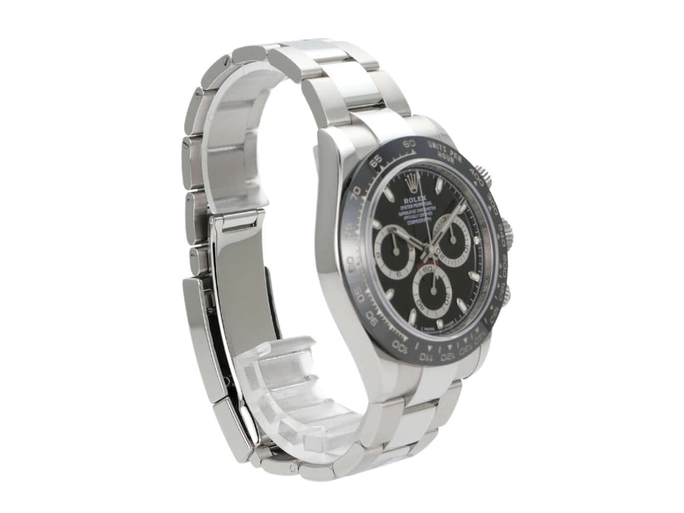 Rolex Daytona Edelstahl 116500LN Schwarz Seiteansicht mit poliertem Armband und schwarzem Zifferblatt