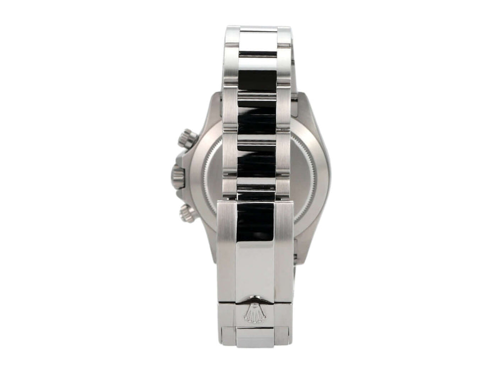 Seitenansicht der Rolex Daytona Edelstahl 116500LN mit poliertem und satiniertem Armband.