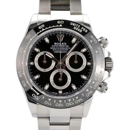 Rolex Daytona Edelstahl 116500LN mit schwarzem Zifferblatt und Keramiklünette, poliertem Edelstahlarmband.